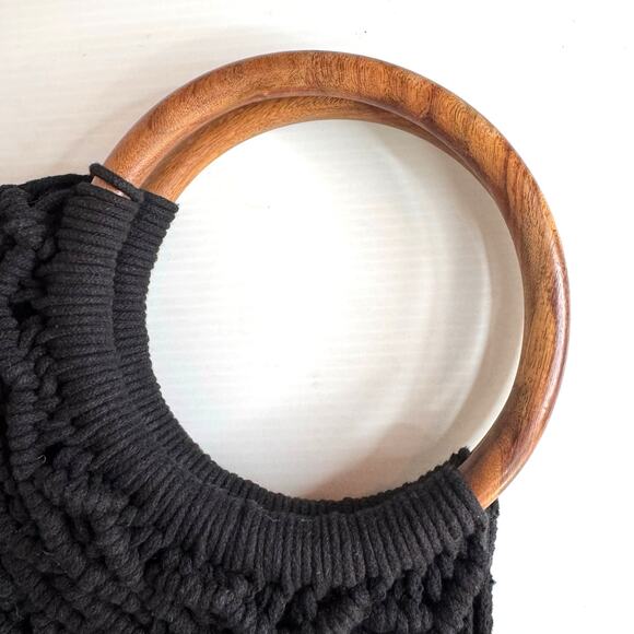 SIGRID OLSEN Macrame Bag Wood‎ Ring Handle Black Summer Beach Boho Casual - Picture 4 of 9